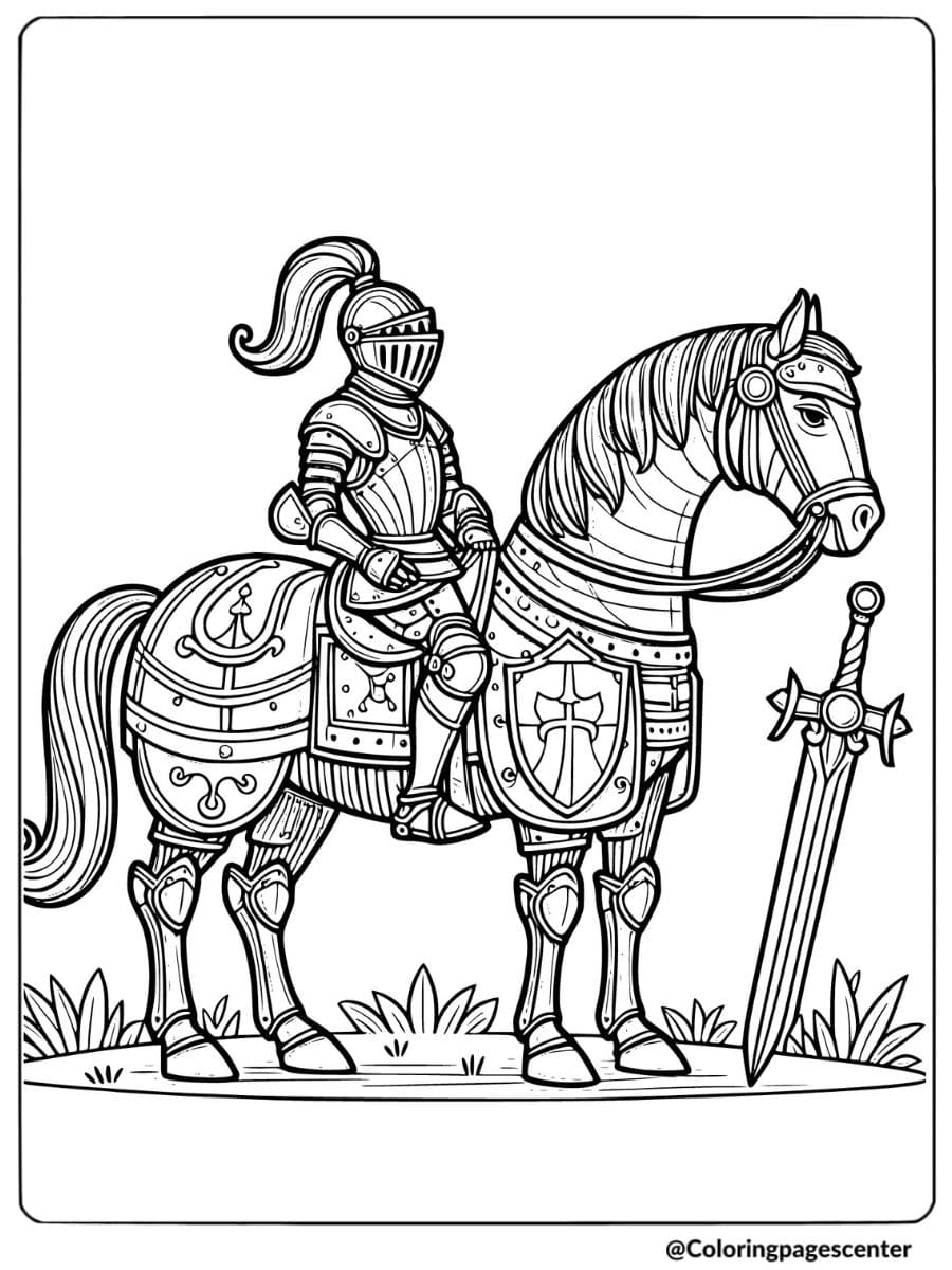 Knight on armored horse with sword coloring page