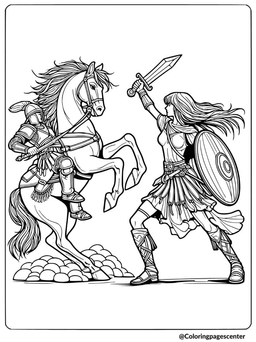 Knight and warrior fighting with horse coloring page