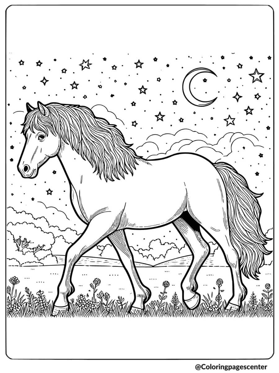 Horse walking under the stars coloring page