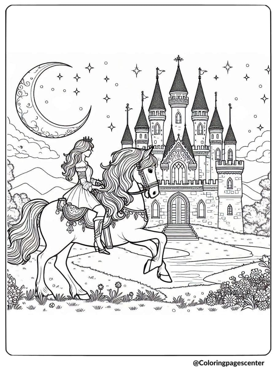 Princess on horse near castle coloring page