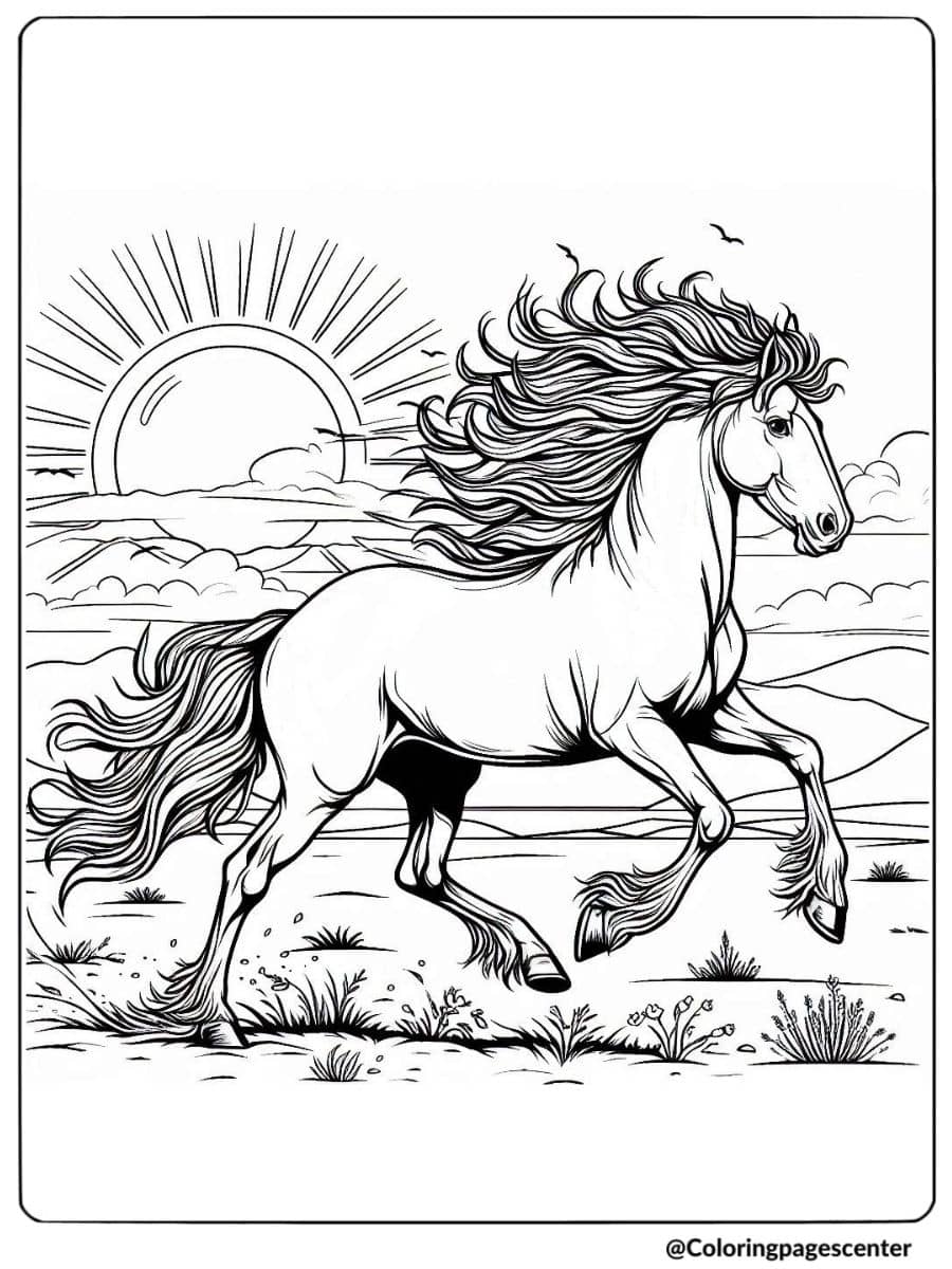 Horse running with sunset in background coloring page