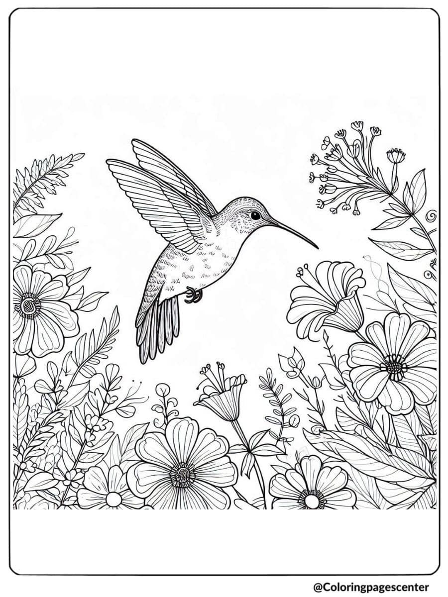 Hummingbird flying in a garden full of flowers coloring page