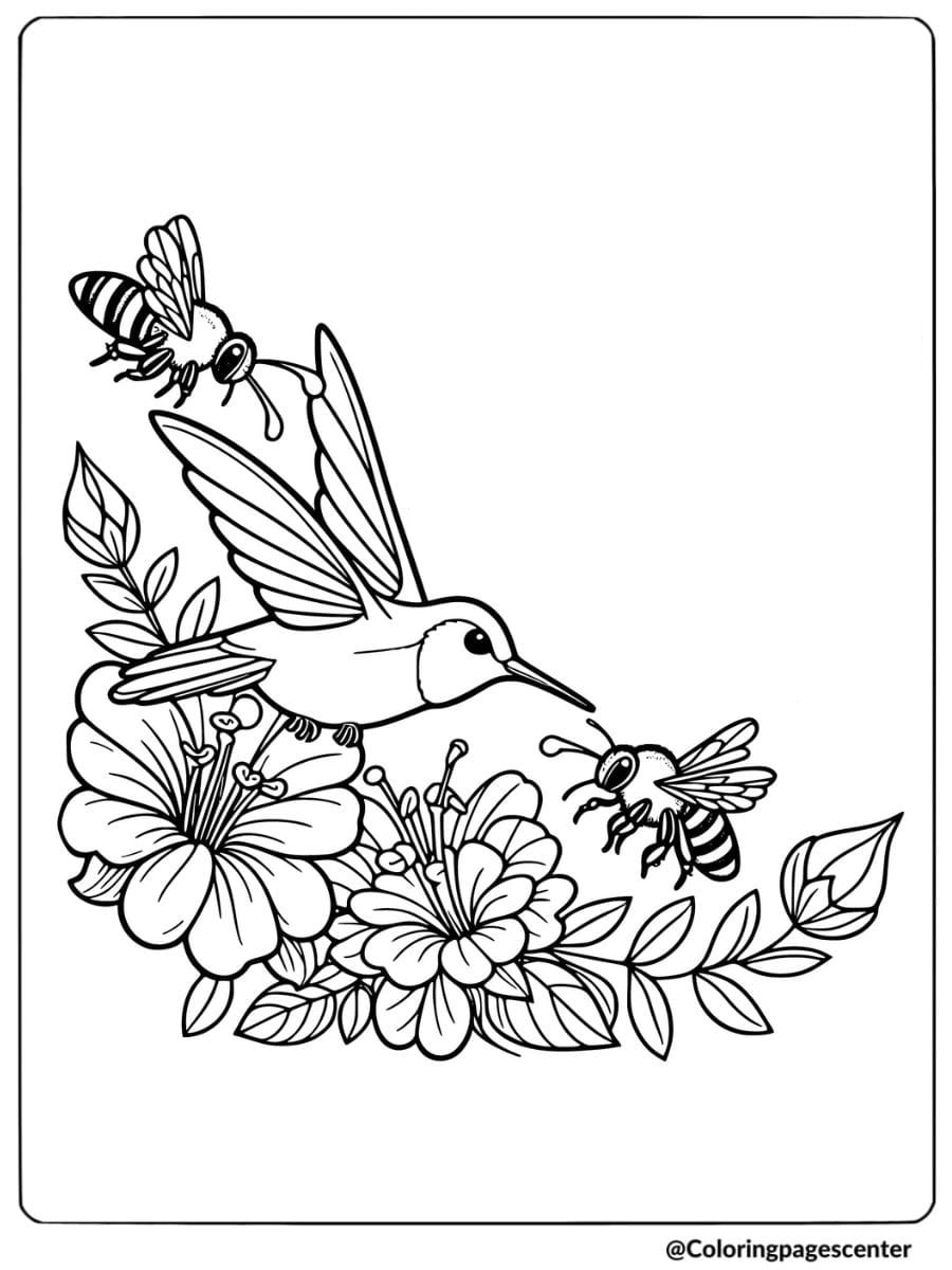 Hummingbird interacting with bees near flowers coloring page