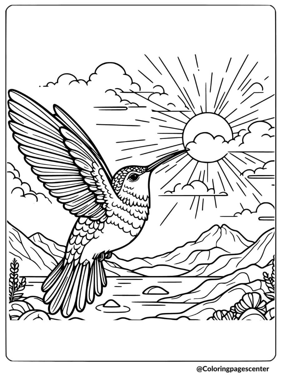 Hummingbird flying over mountains coloring page