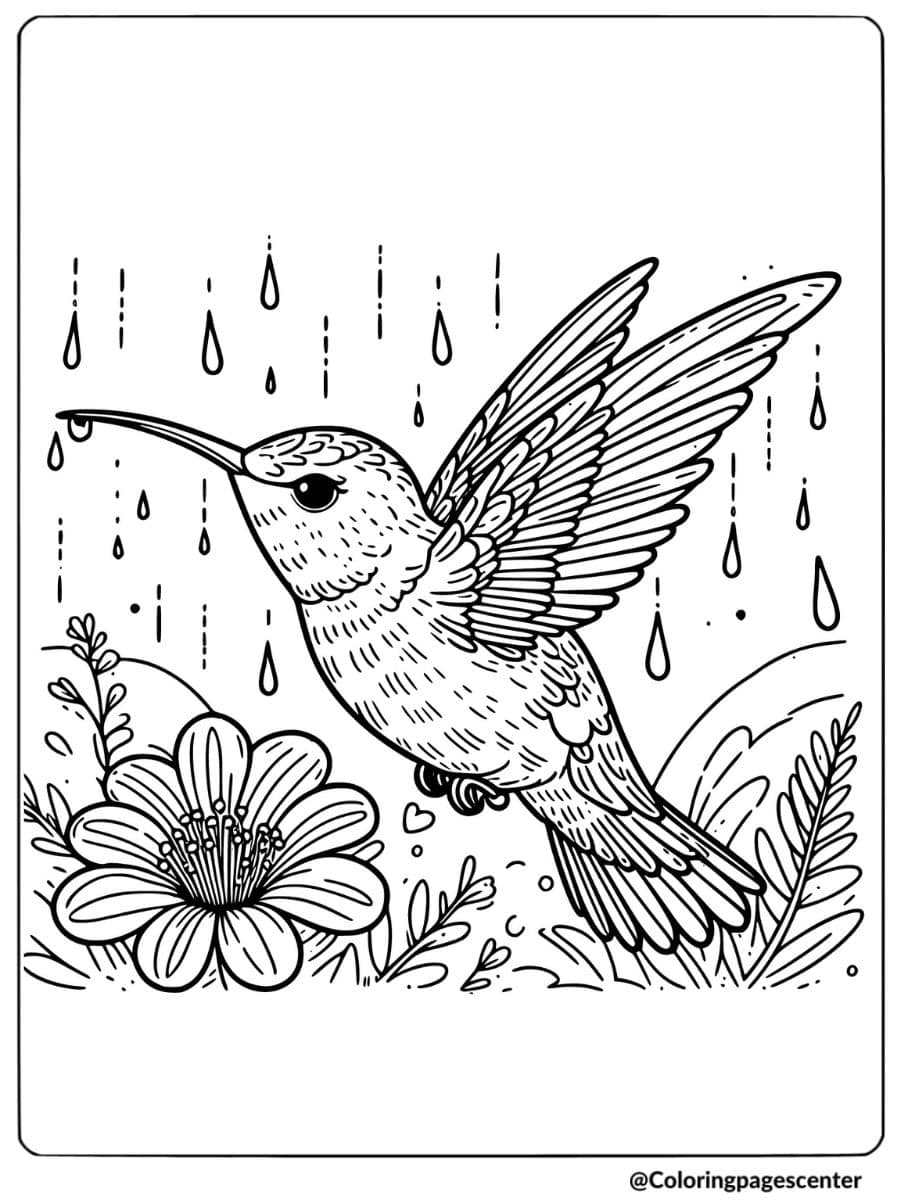 Hummingbird flying through rain drops coloring page