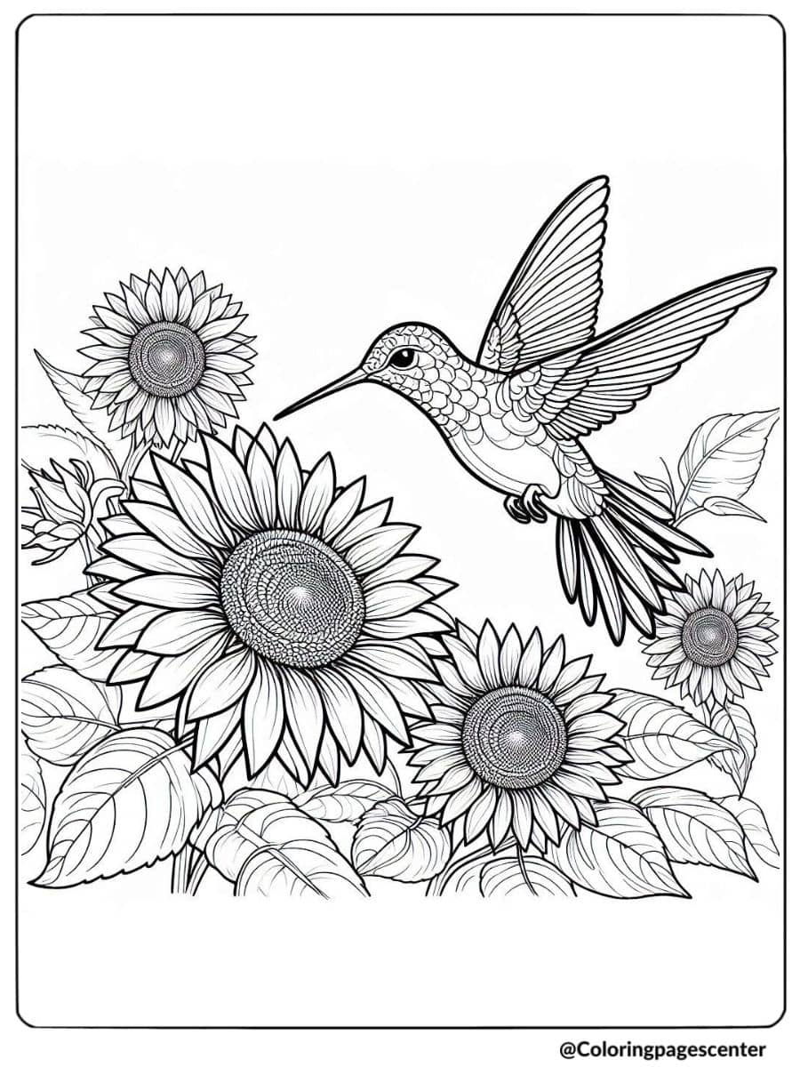 Hummingbird feeding on sunflowers coloring page