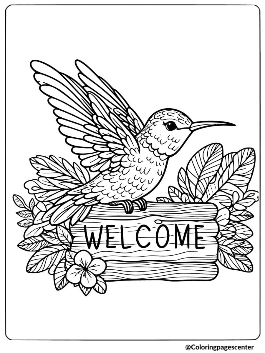 Hummingbird perched on a welcome sign coloring page