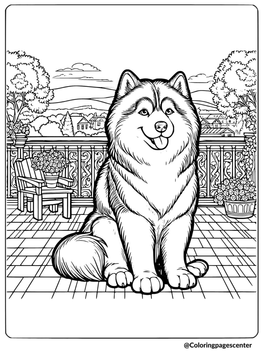 Husky sitting on a balcony with scenic background coloring page