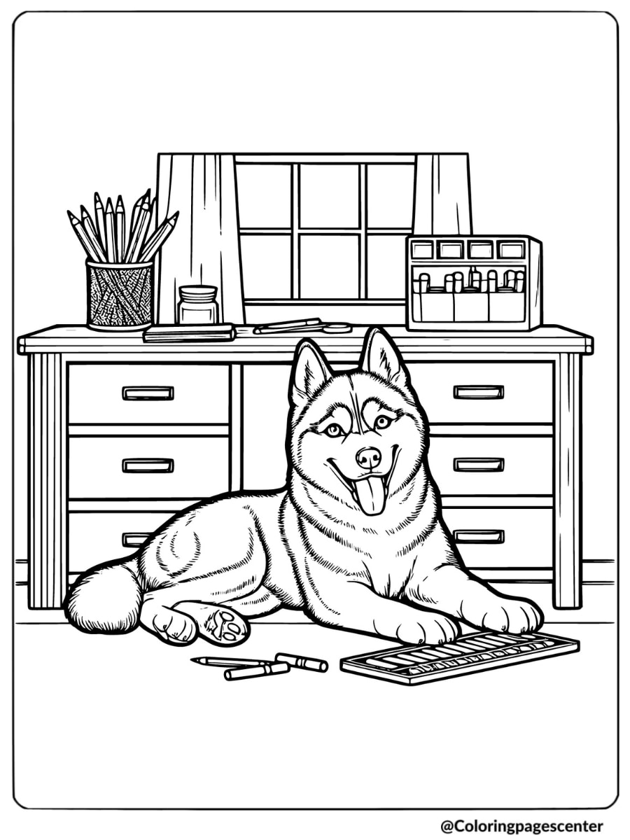 Husky laying next to art supplies and drawing tools coloring page