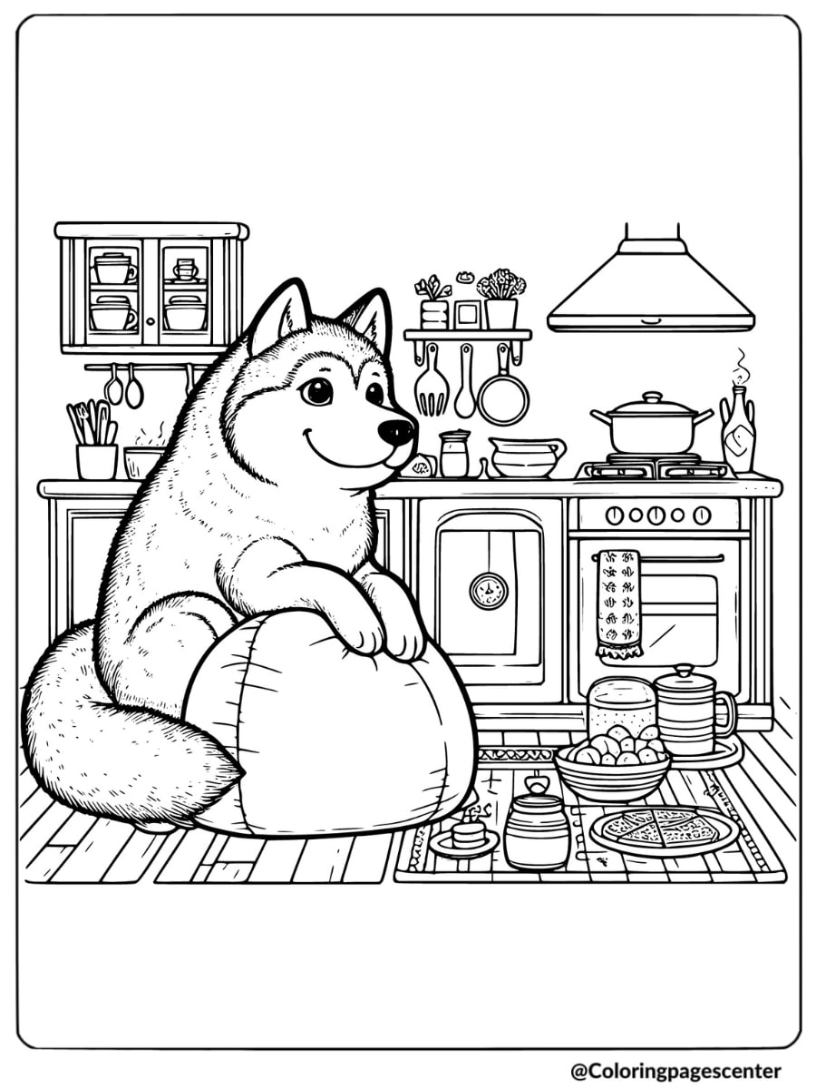 Husky resting in a warm kitchen environment coloring page