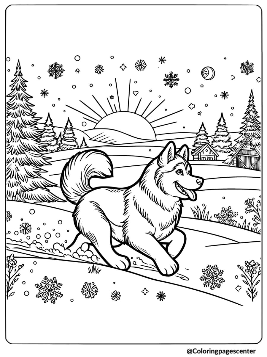 Energetic Husky in a snowy field coloring page