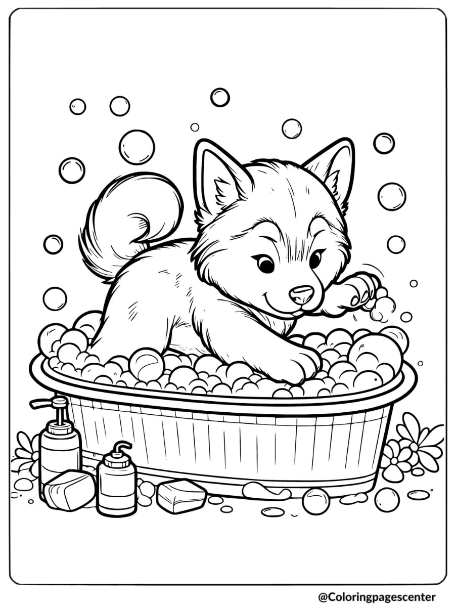 Husky puppy enjoying a bubble bath coloring page