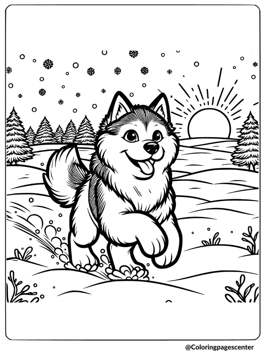 Husky happily running through a snow landscape coloring page