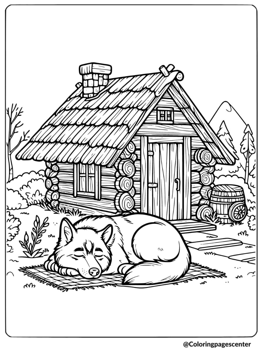 Husky peacefully sleeping in front of a wooden cabin coloring page