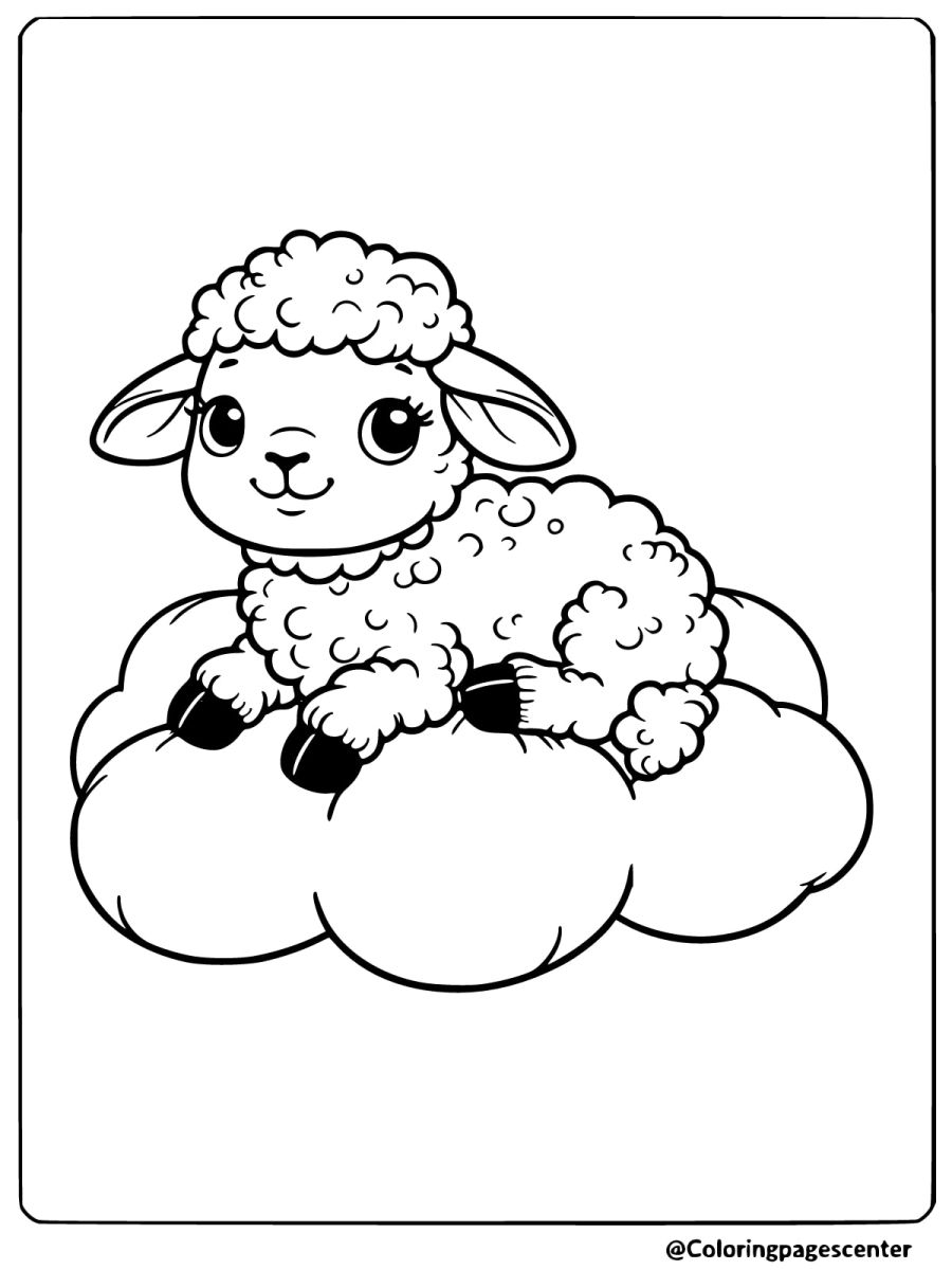 Happy lamb resting on a fluffy cloud coloring page