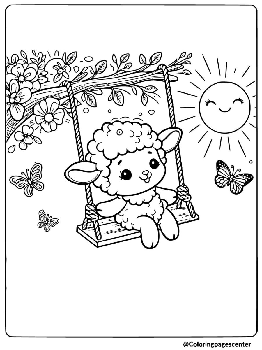 Lamb swinging with flowers and butterflies coloring page