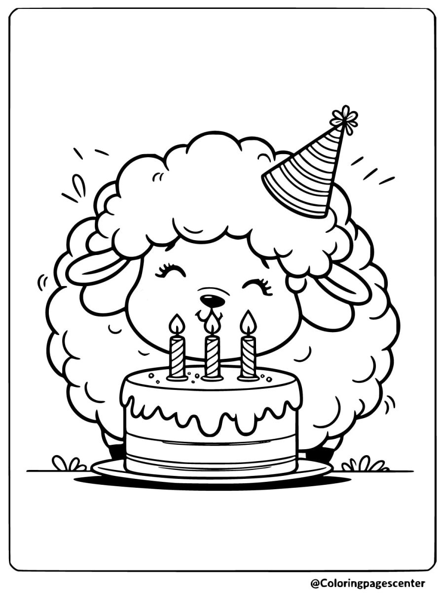 Baby sheep celebrating birthday with cake coloring page