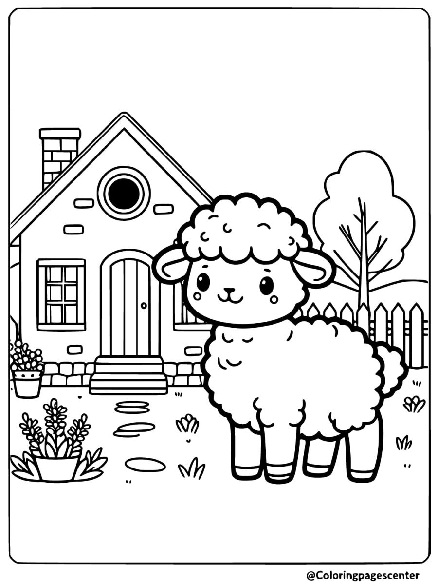 Little baby sheep in front of a house coloring page