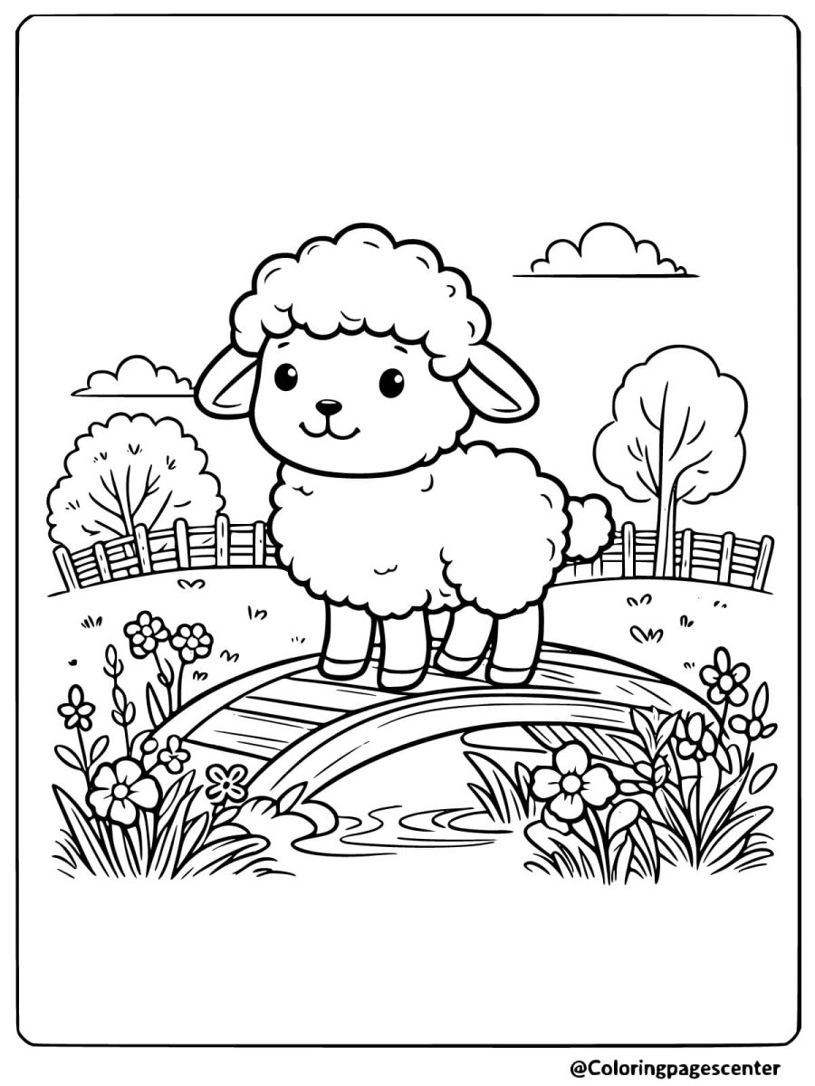 Adorable baby sheep on a bridge in a meadow coloring page