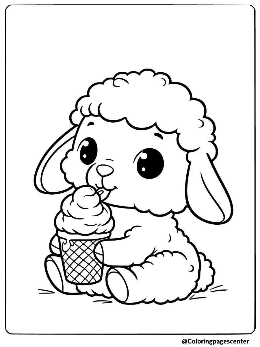 Baby sheep enjoying an ice cream cone coloring page