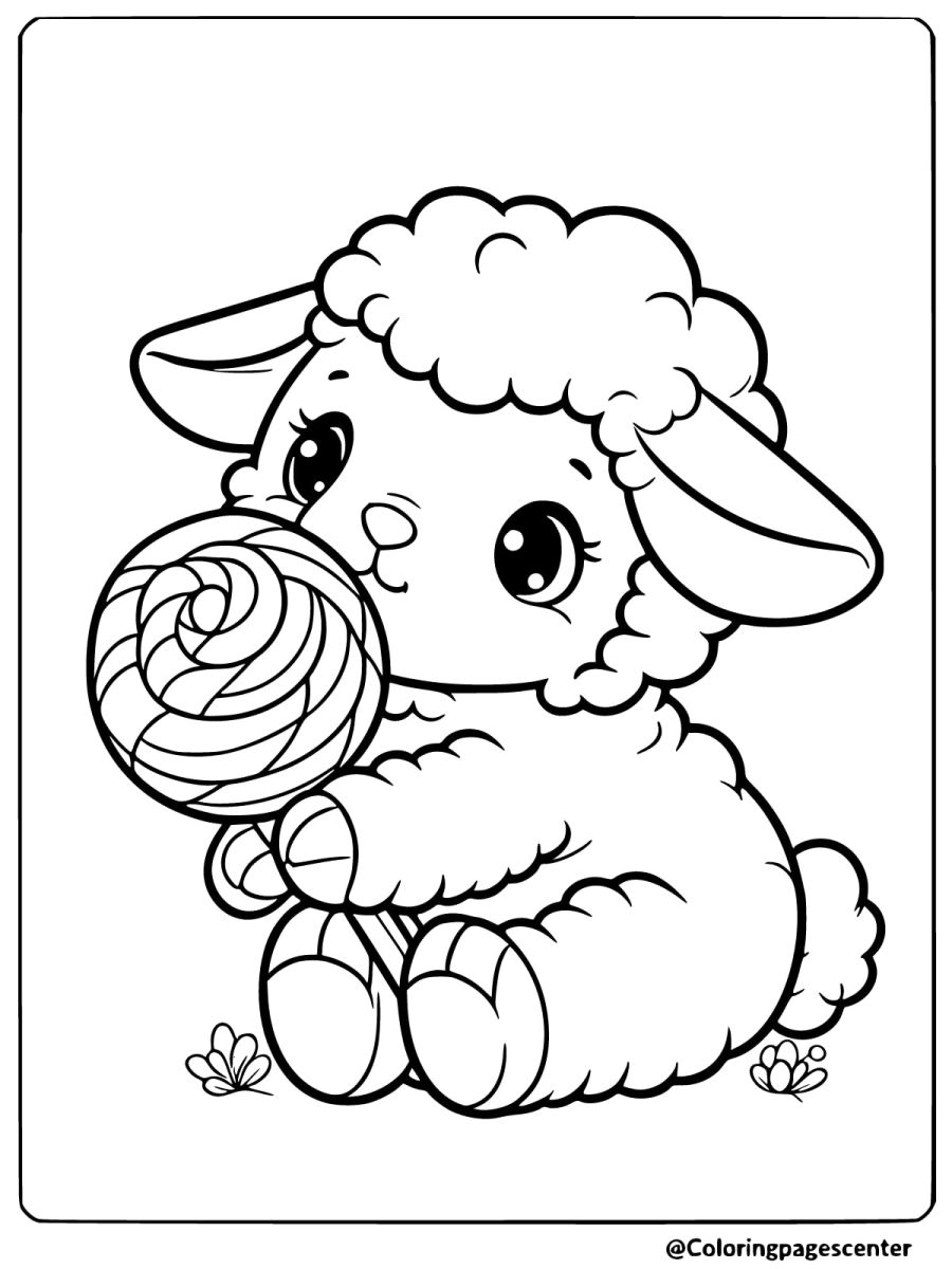 Adorable baby sheep holding a lollipop coloring page