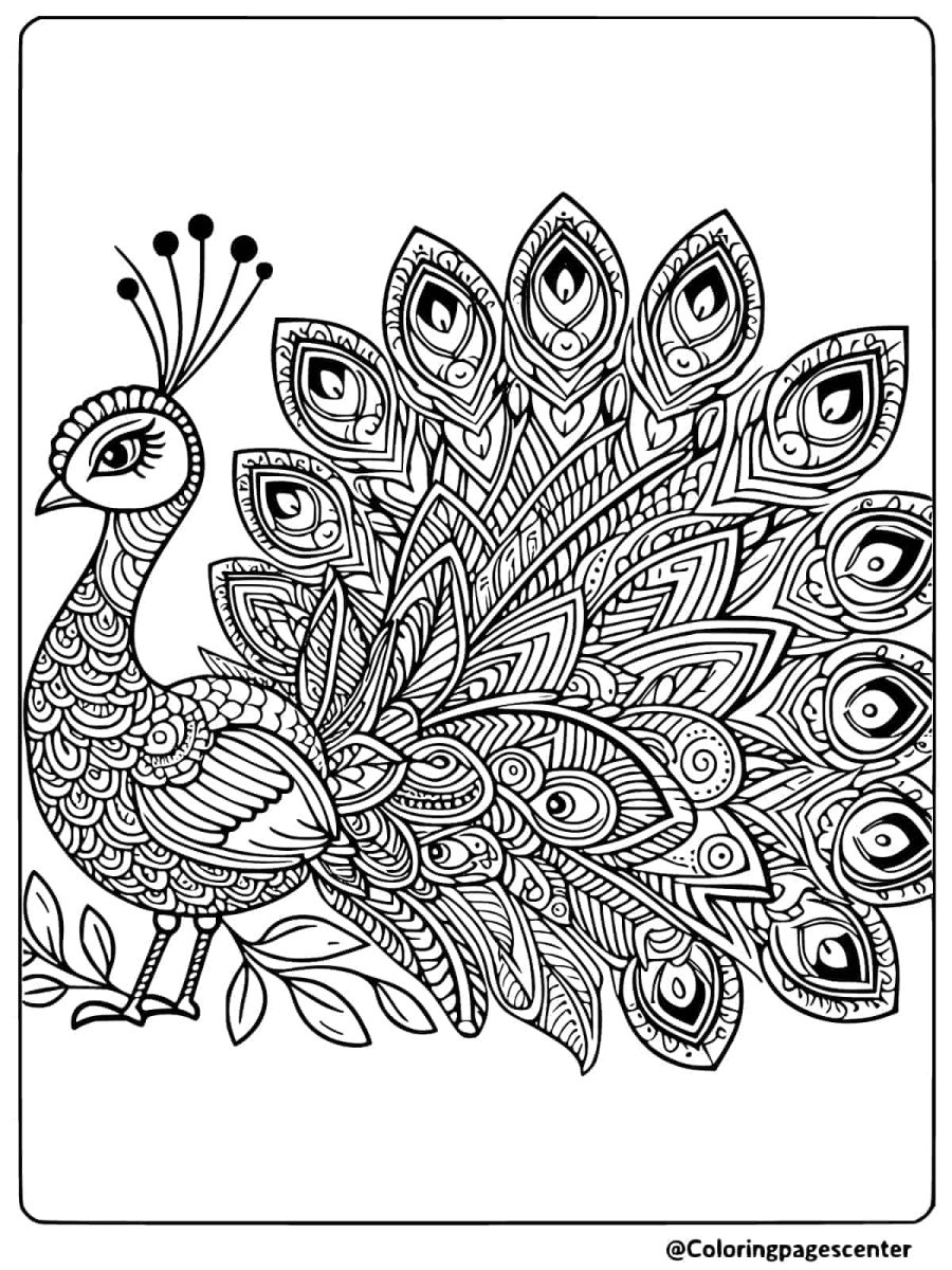 Coloring page with a peacock and mandala patterns