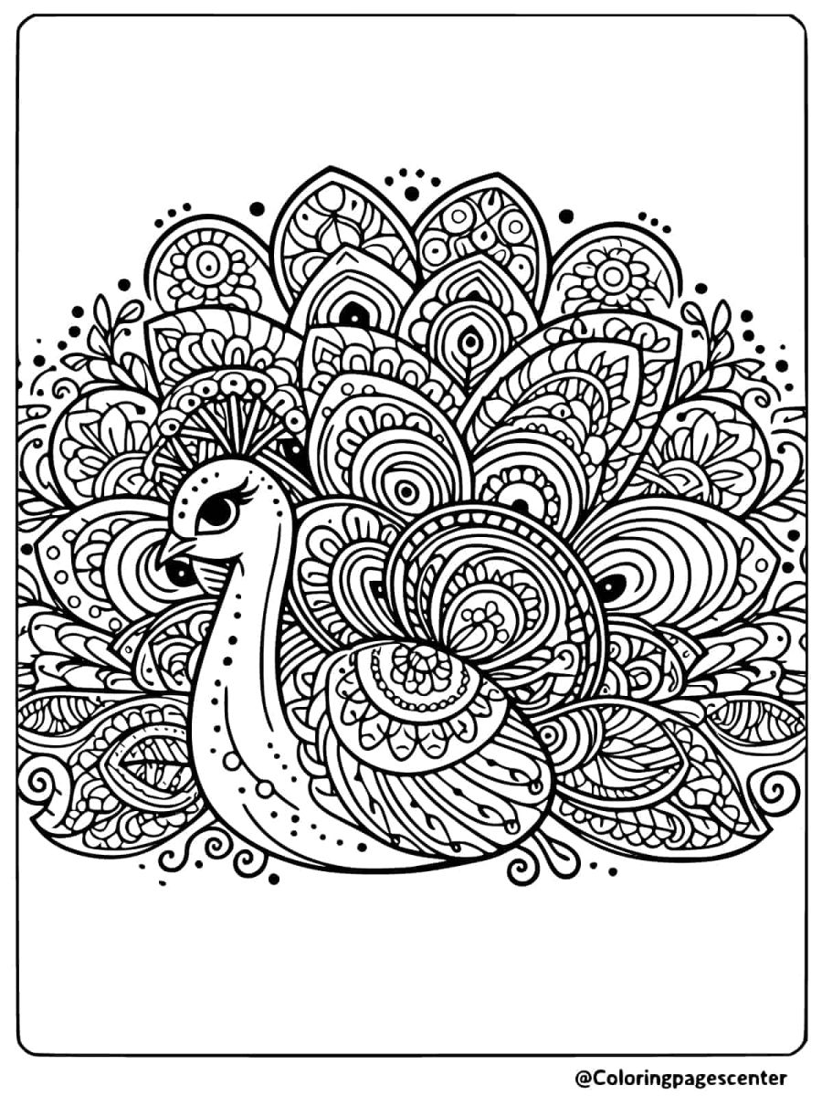 Detailed peacock mandala coloring page for adults