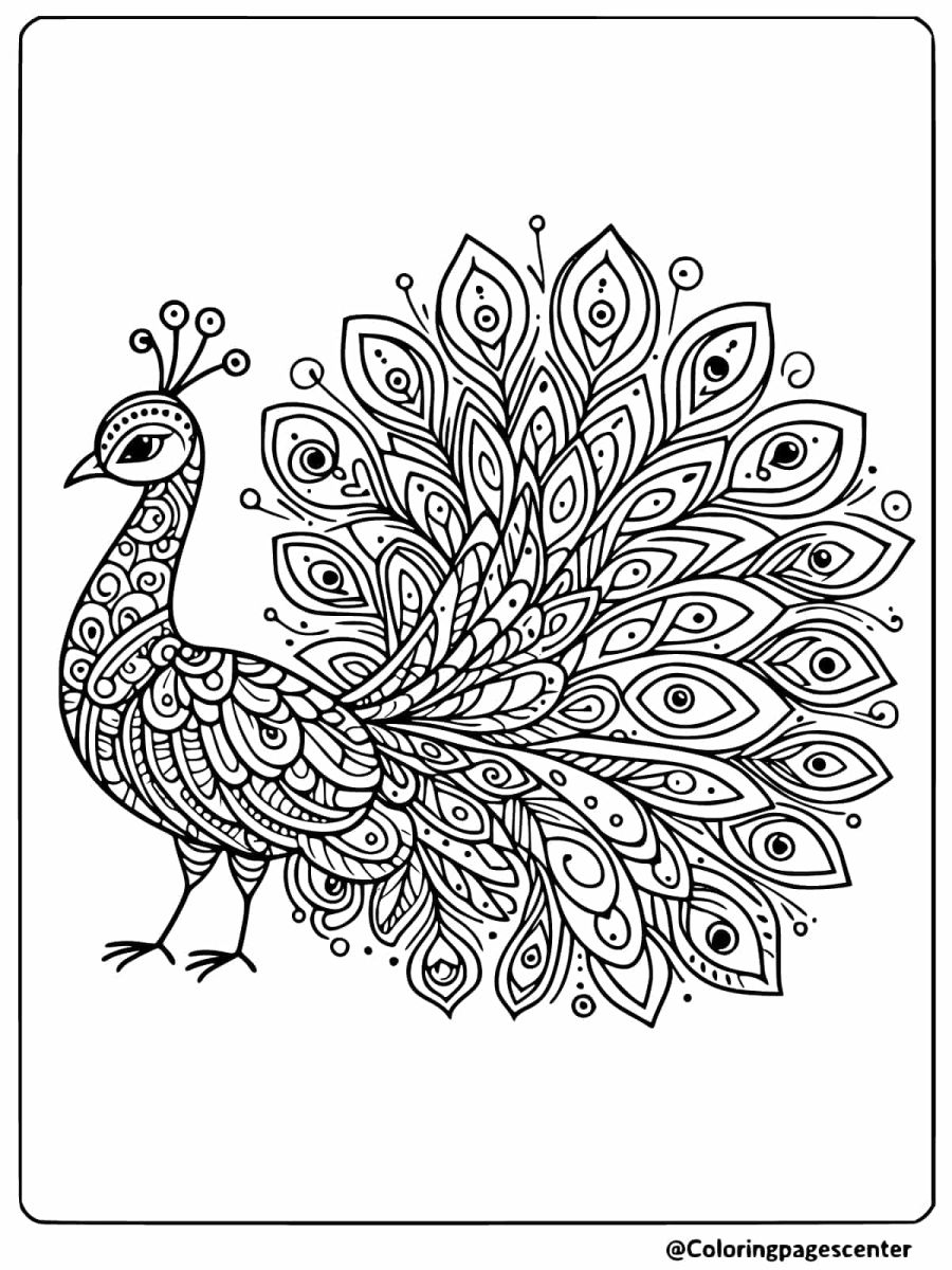 Coloring page of a peacock with unique mandala designs