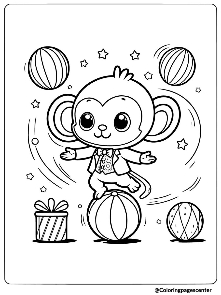 Monkey balancing on a ball coloring page for kids