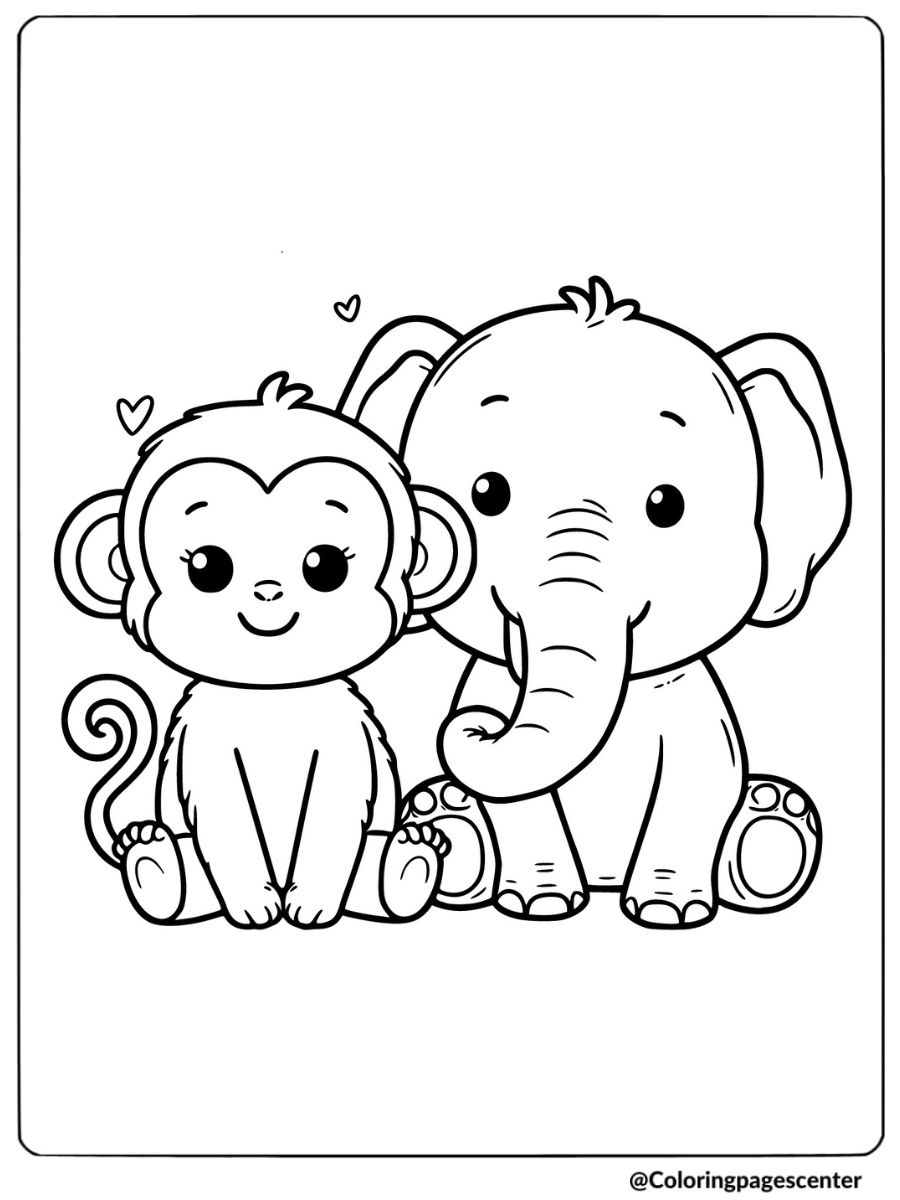 Friendly monkey and elephant coloring page for kids