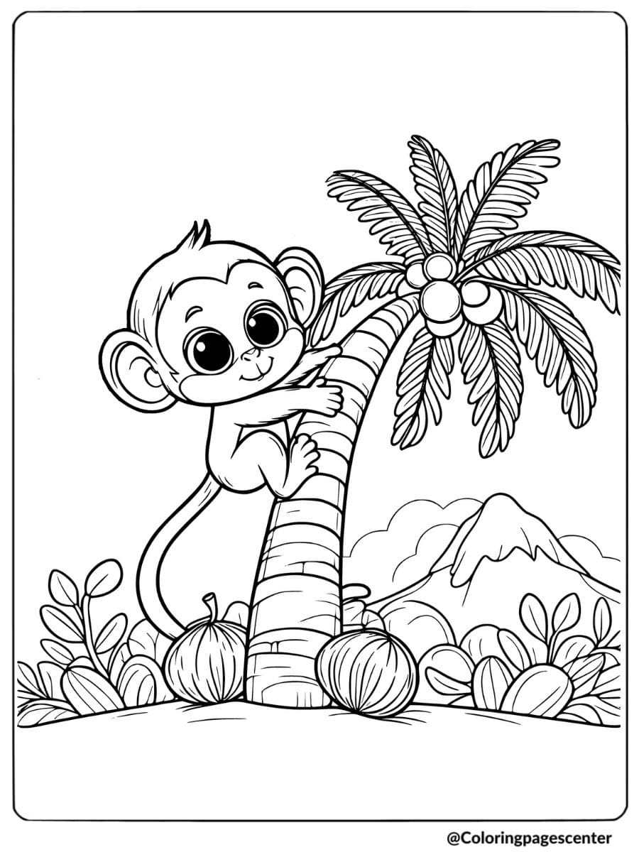 Easy monkey climbing a palm tree coloring page