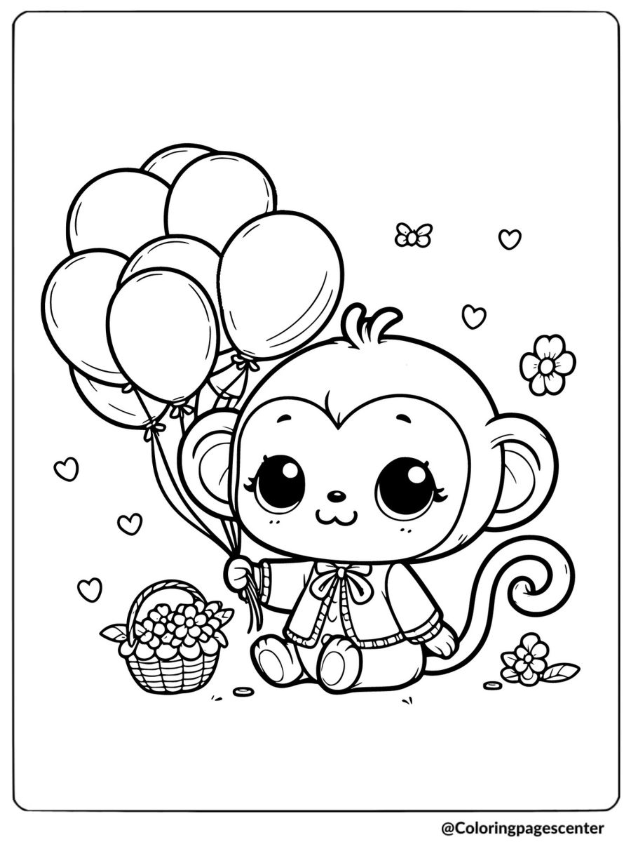 Happy monkey with balloons coloring page for kids