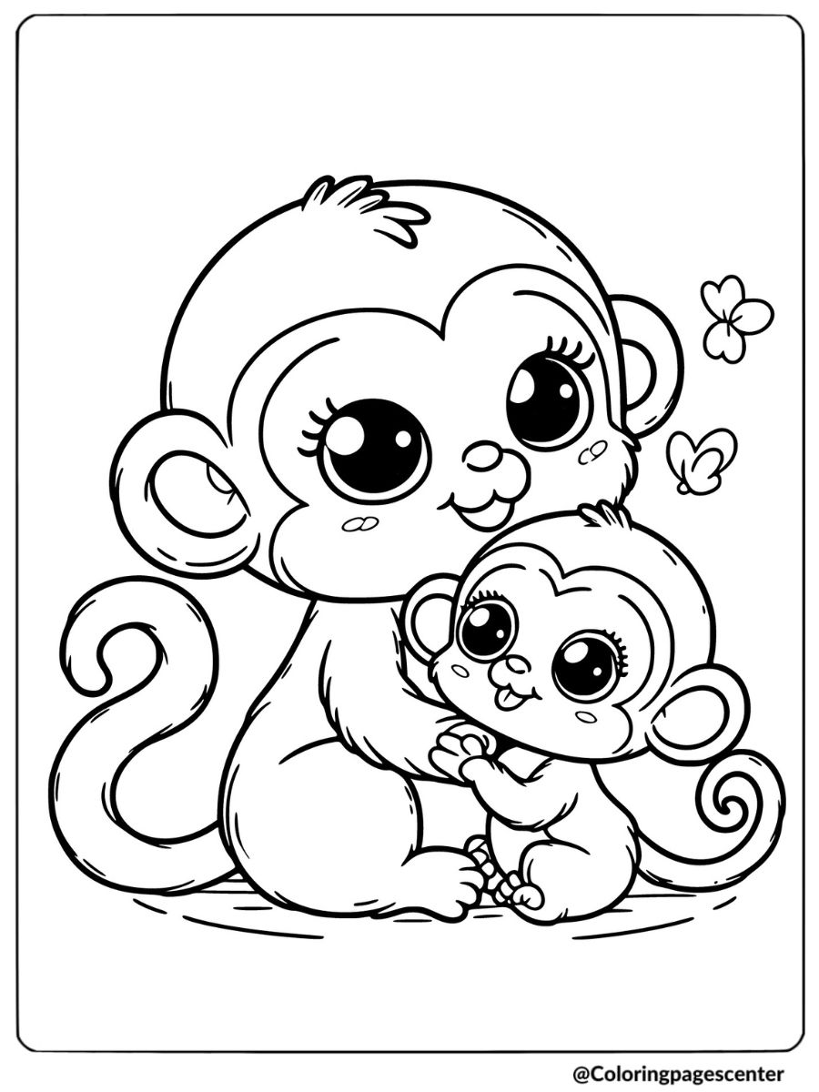 Mother monkey hugging baby coloring page for kids