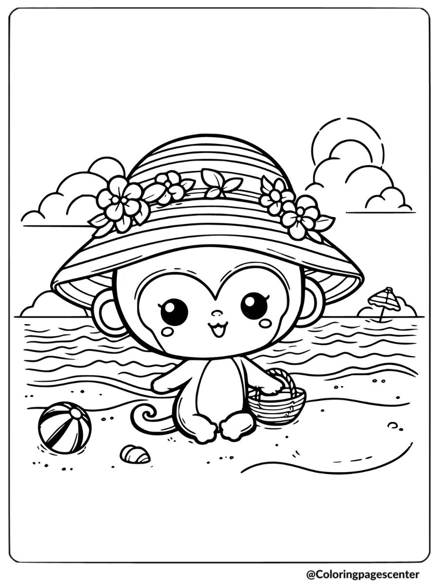 Beach monkey with a hat coloring page for kids