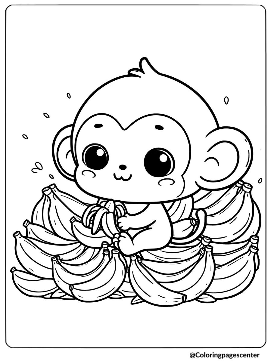 Easy monkey with a bunch of bananas coloring page