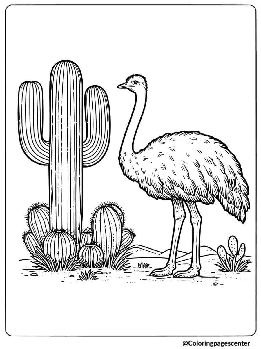 Ostrich standing next to a cactus in a desert coloring page