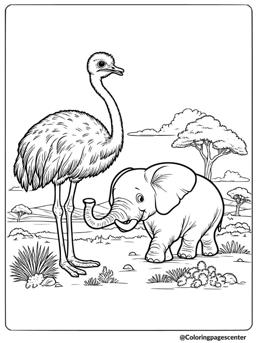 Ostrich beside an elephant in a savanna coloring page