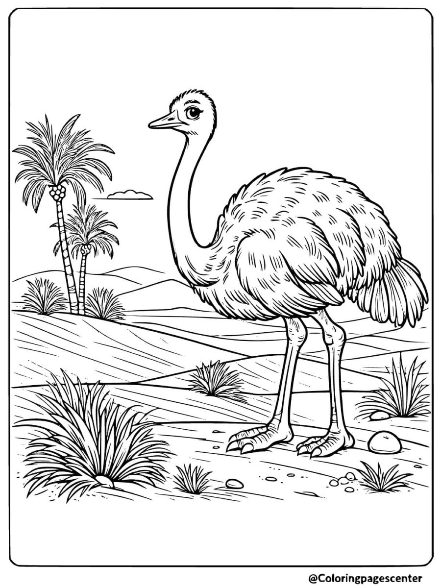 Ostrich standing in a desert with palm trees coloring page