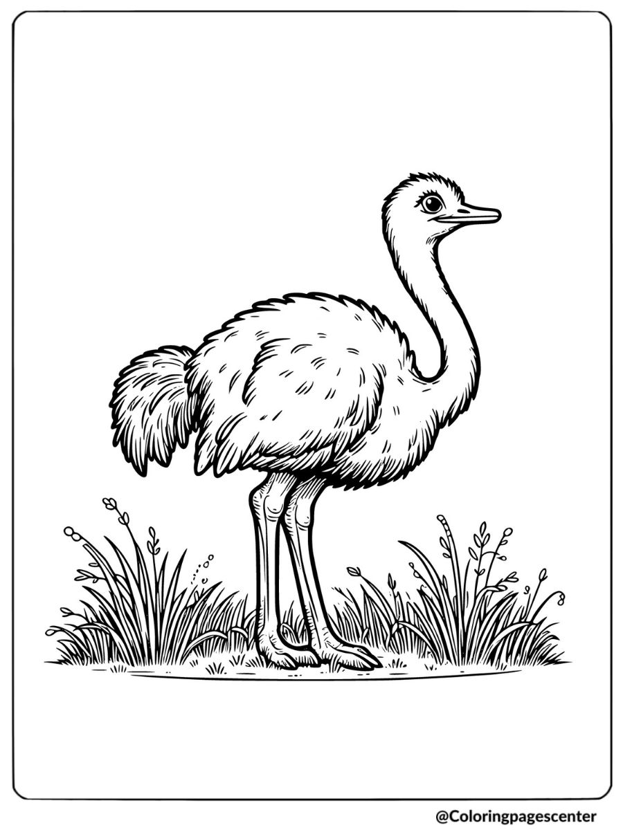 Ostrich surrounded by grass simple design coloring page