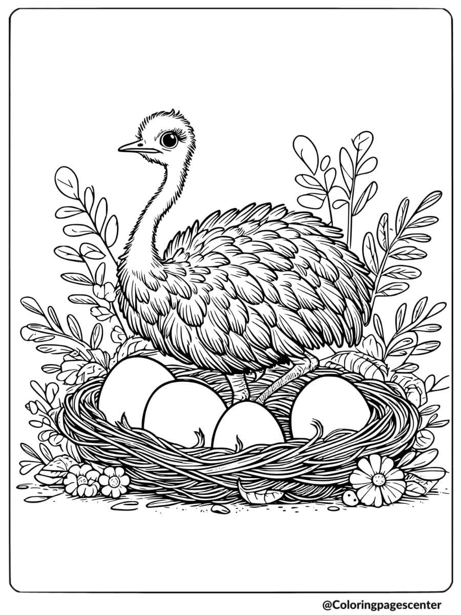 Ostrich sitting in a nest with eggs coloring page