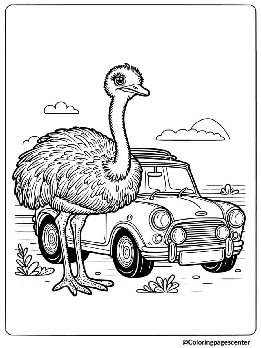 Ostrich standing by a car in a natural setting coloring page