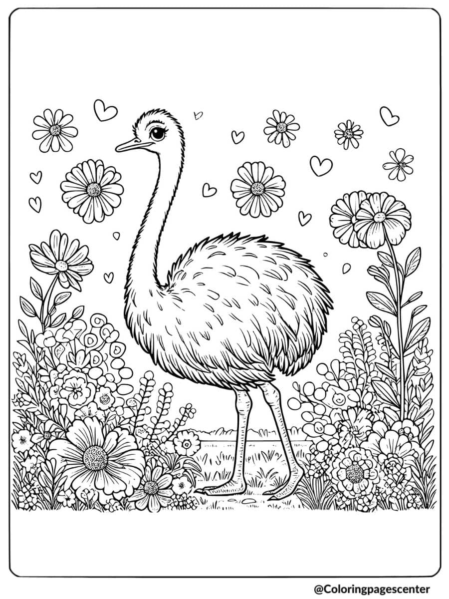 Ostrich in a field of flowers and hearts coloring page