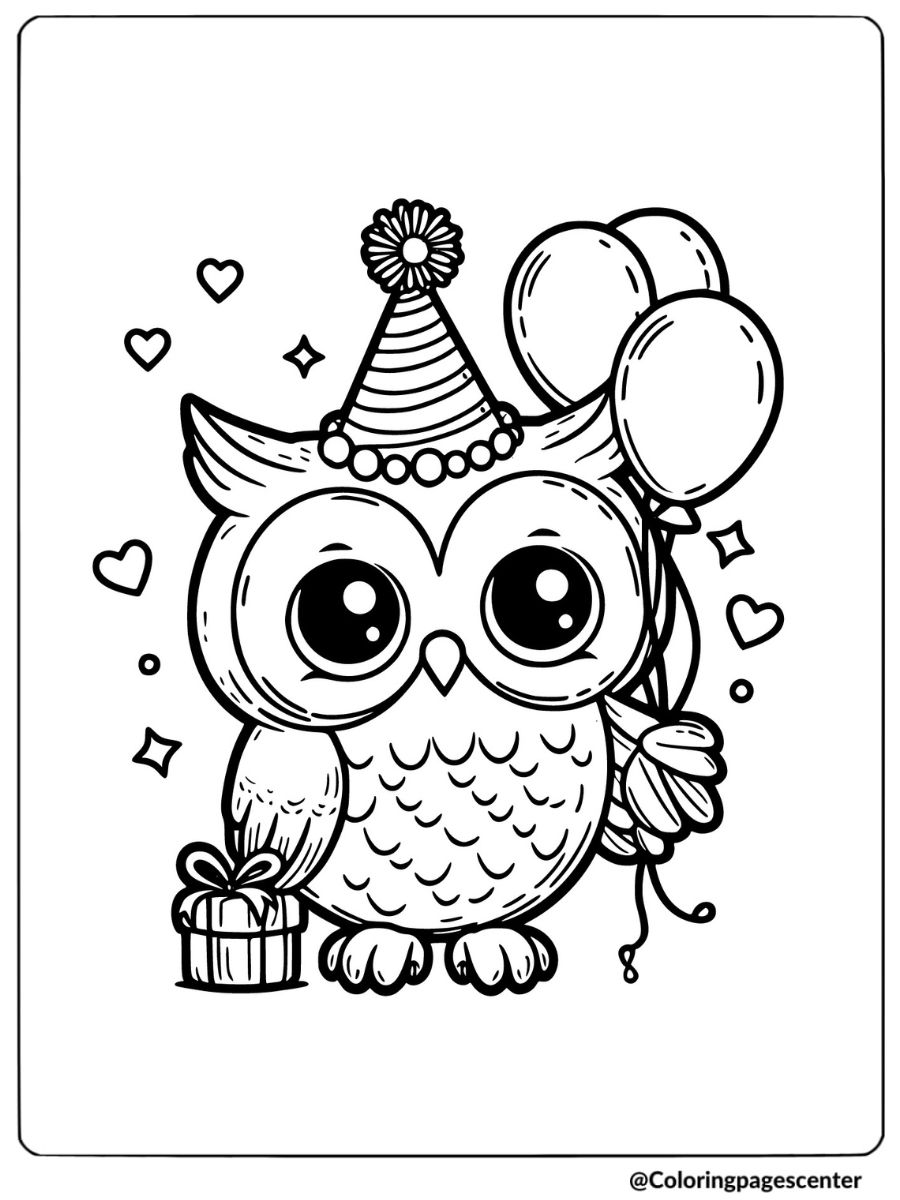 Cute owl with balloons and birthday hat coloring page