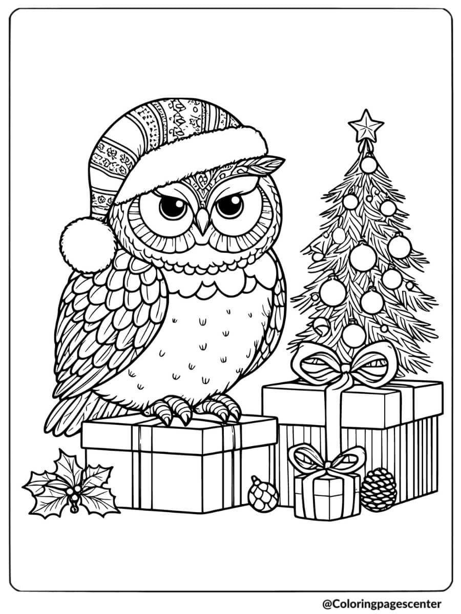 Owl wearing Santa hat with Christmas gifts coloring page