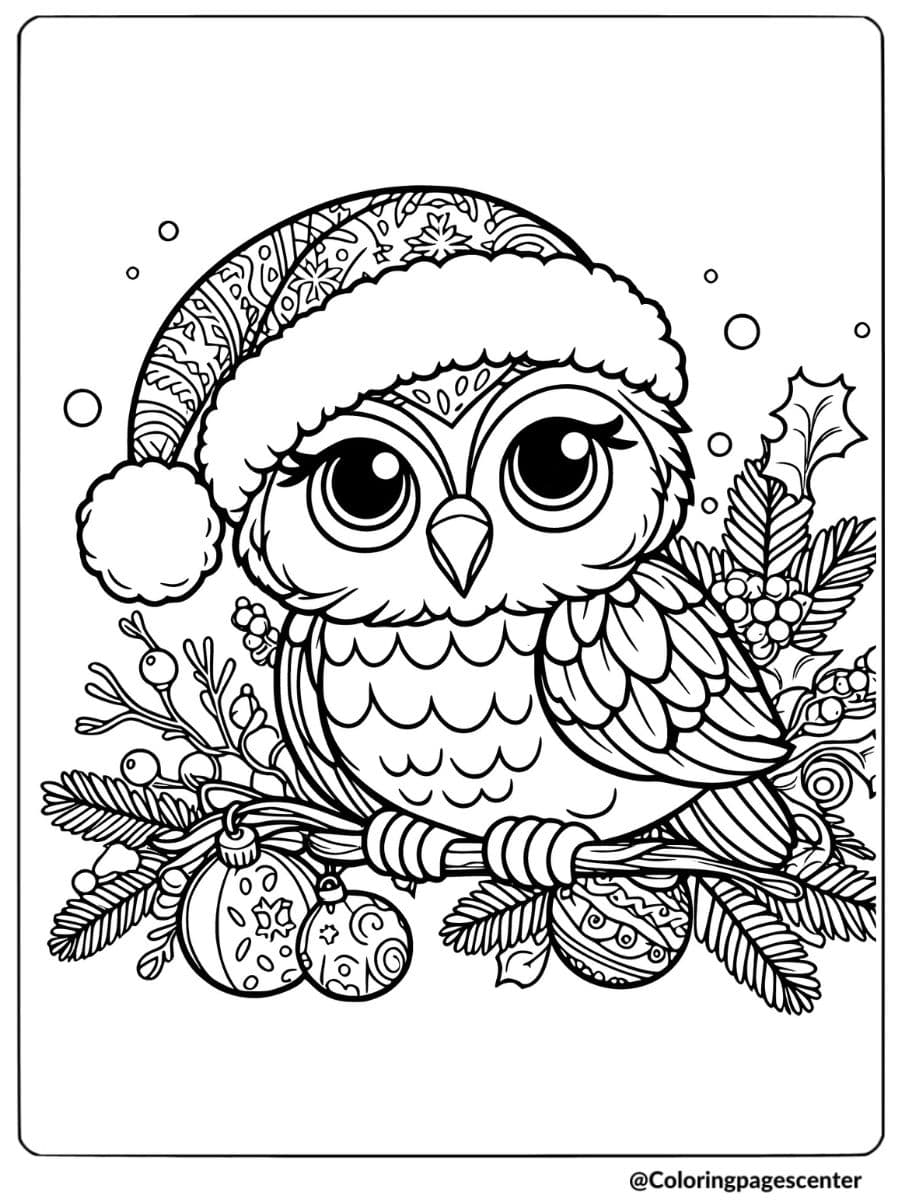 Owl wearing a Santa hat with Christmas ornaments coloring page