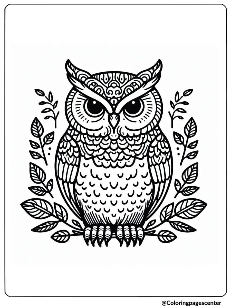 Decorative owl with leaf patterns coloring page