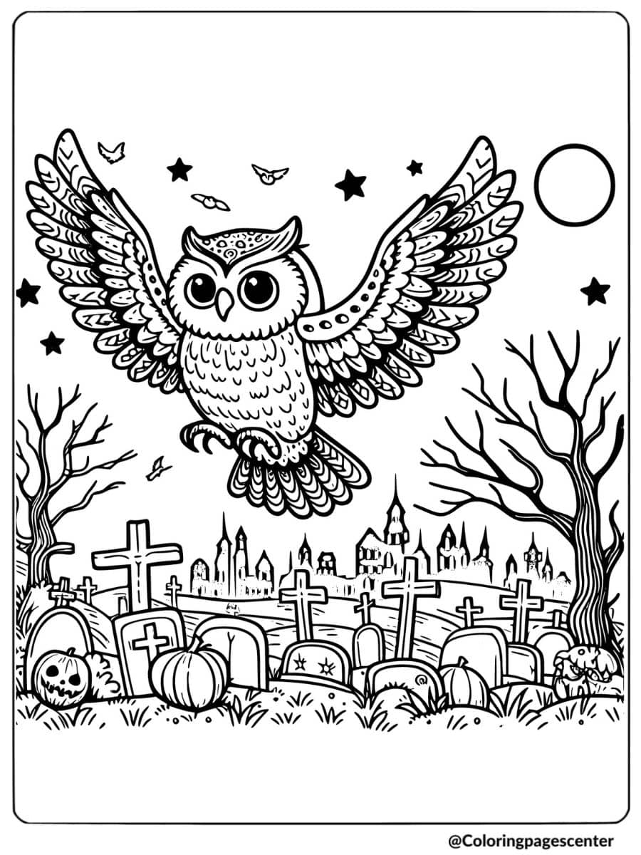 Halloween cemetery with flying owl coloring page