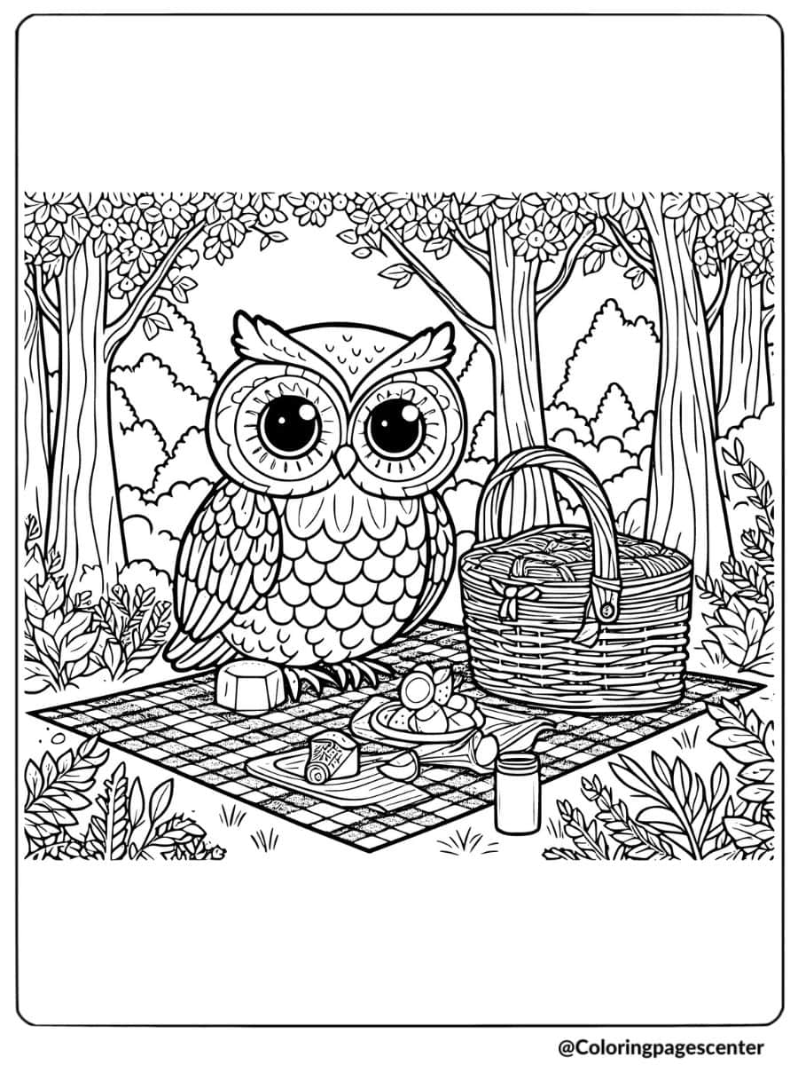 Owl enjoying a picnic in the forest coloring page