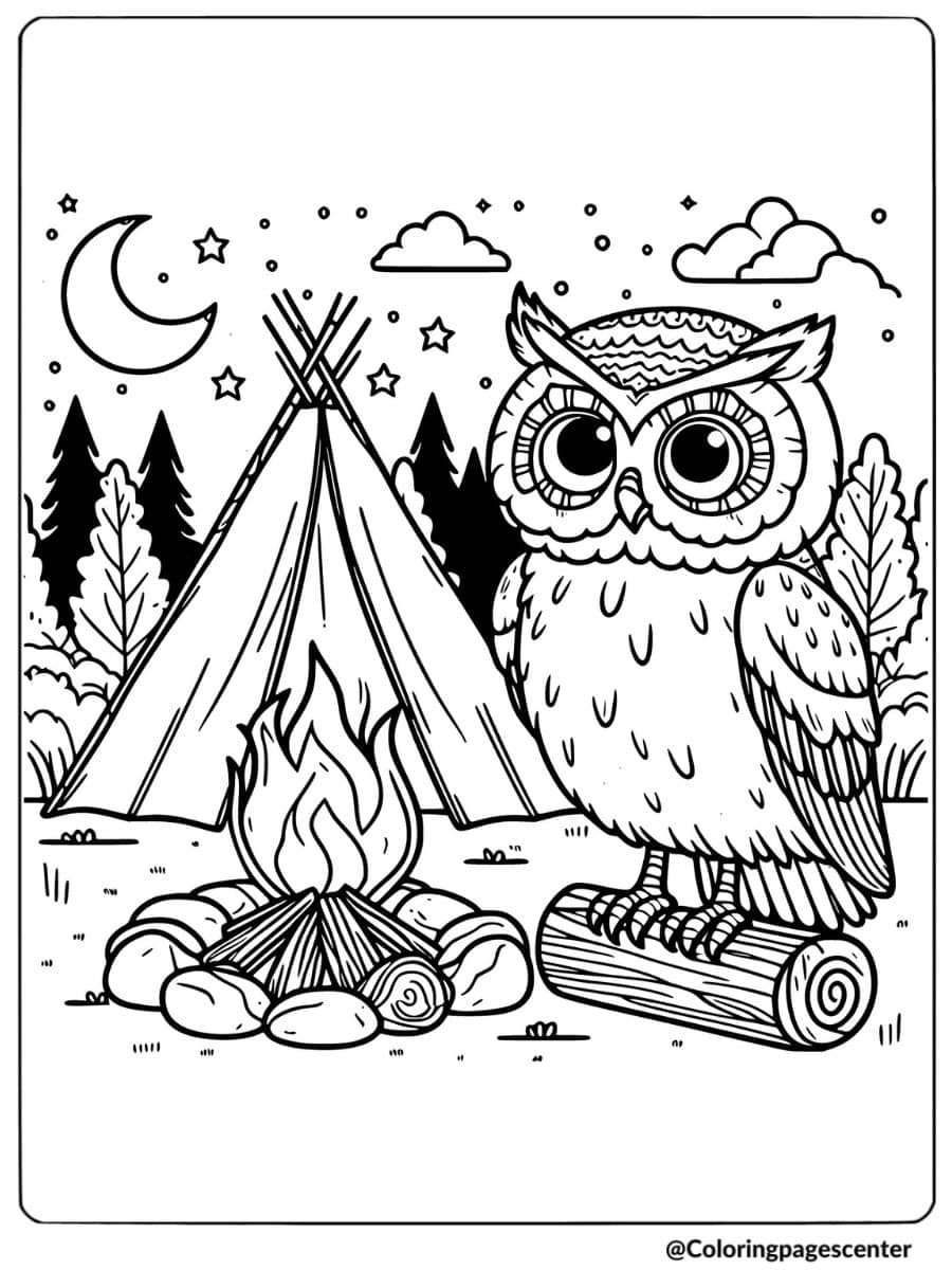 Owl by a campfire under the stars coloring page