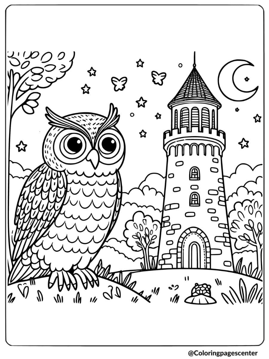 Owl with a lighthouse and night sky coloring page